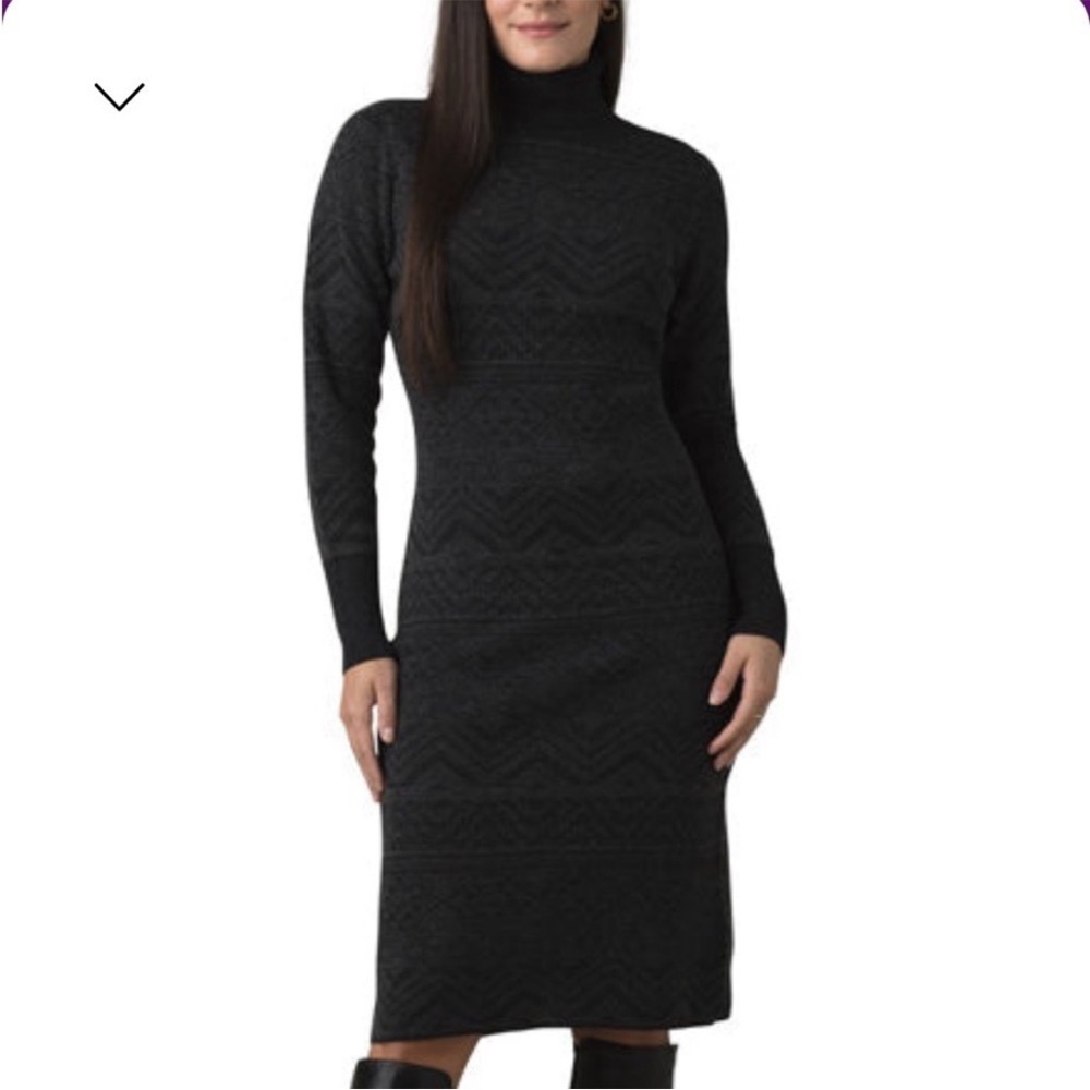prAna South Rock Sweater Dress in a charcoal and black intarsia pattern